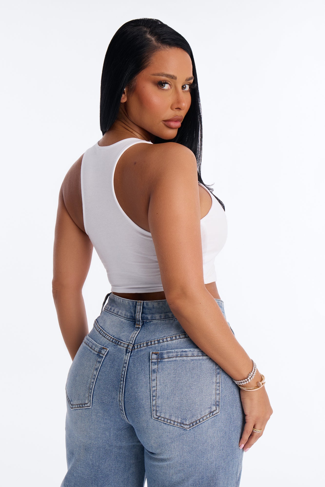 Evalyn Double Lined Cropped Racerback Tank Top - White
