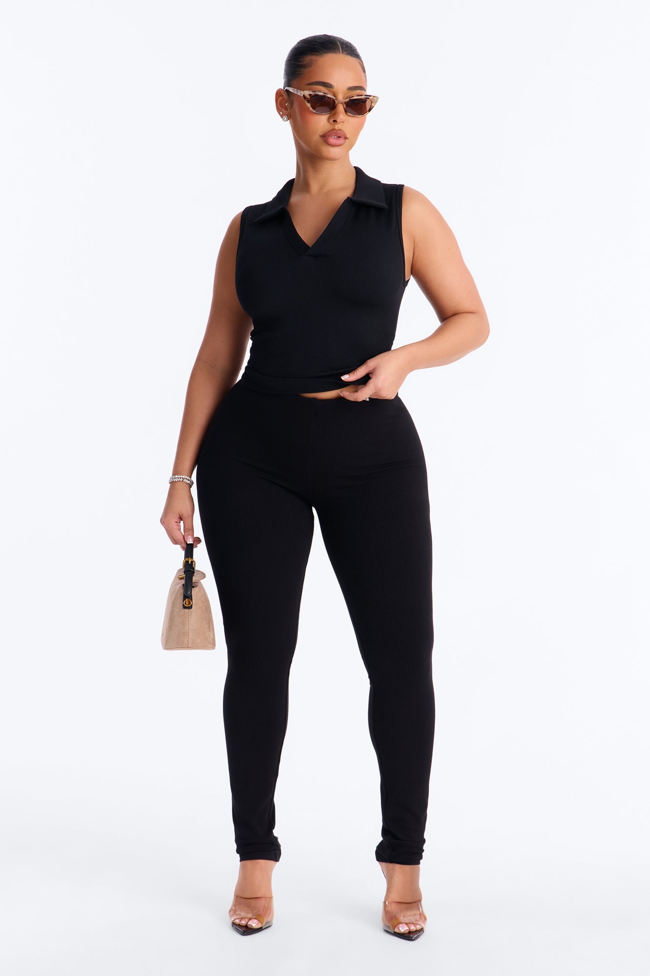 Lyra Seamless Rib Basic Sleeveless Collared Top - Black