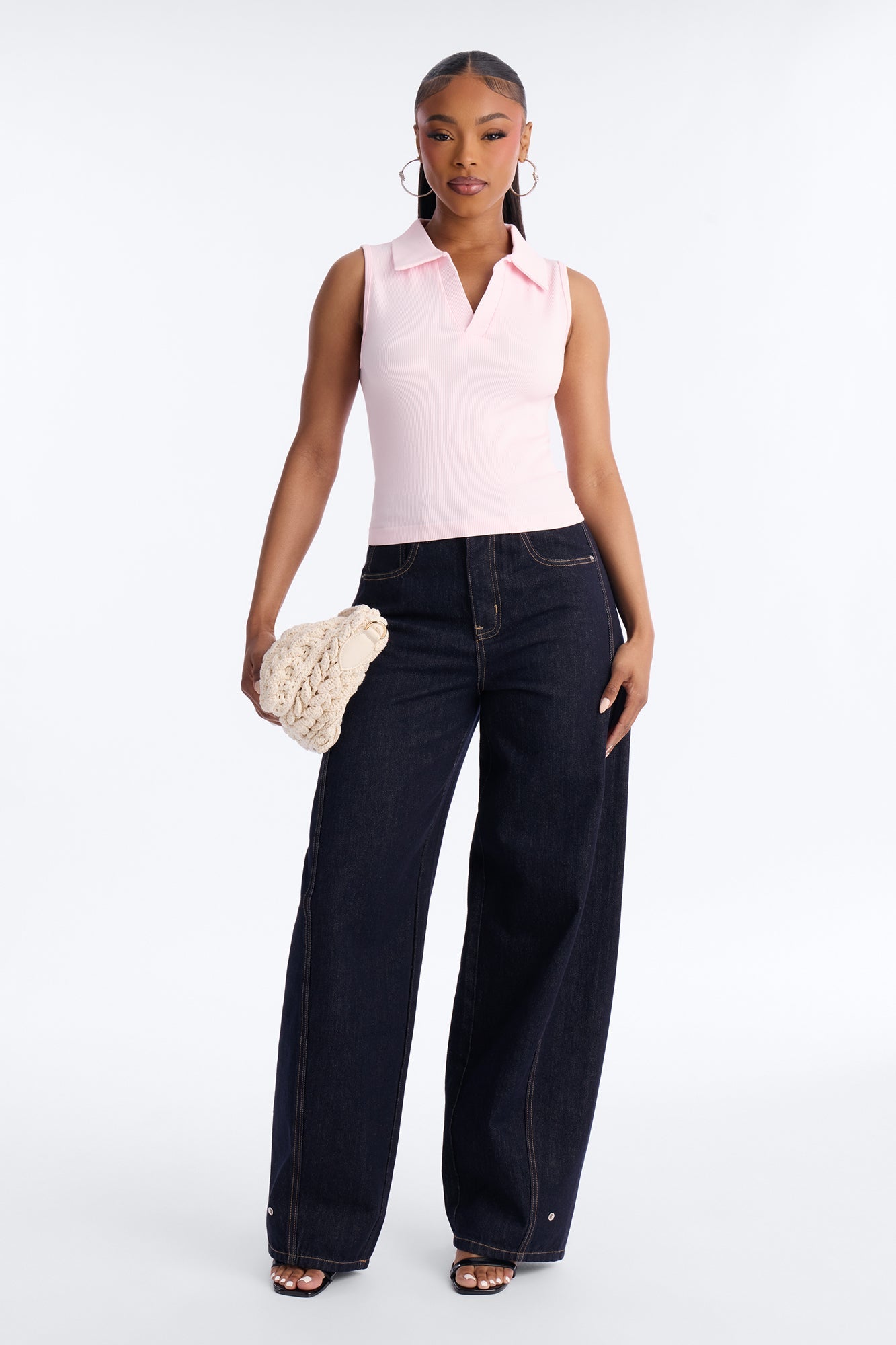 Lyra Seamless Rib Basic Sleeveless Collared Top - Pink