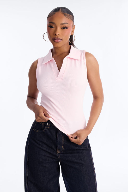Lyra Seamless Rib Basic Sleeveless Collared Top - Pink