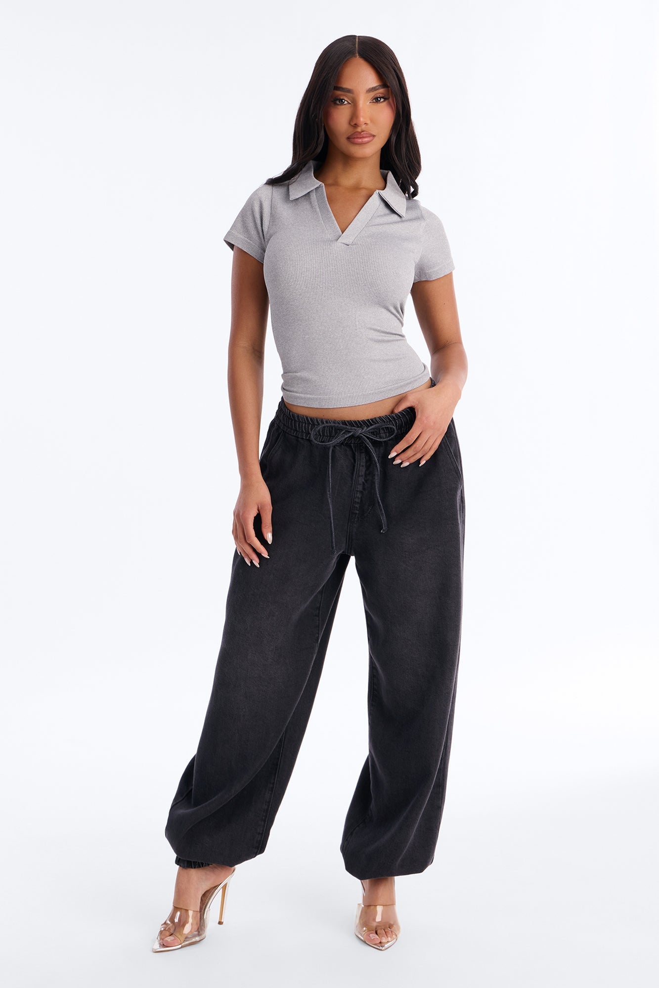 Evie Seamless Basic Polo Top - Heather Grey