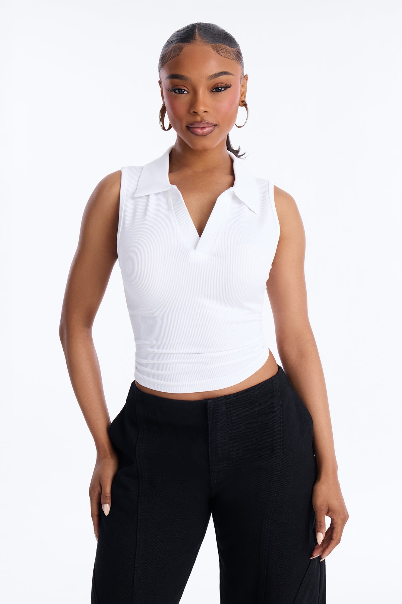 Lyra Seamless Rib Basic Sleeveless Collared Top - White