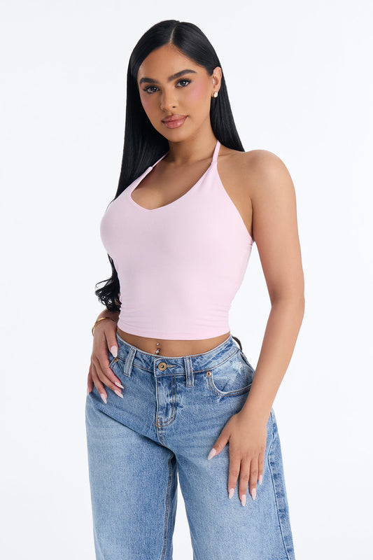 Elise Basic V Neck Halter Top - Light Pink
