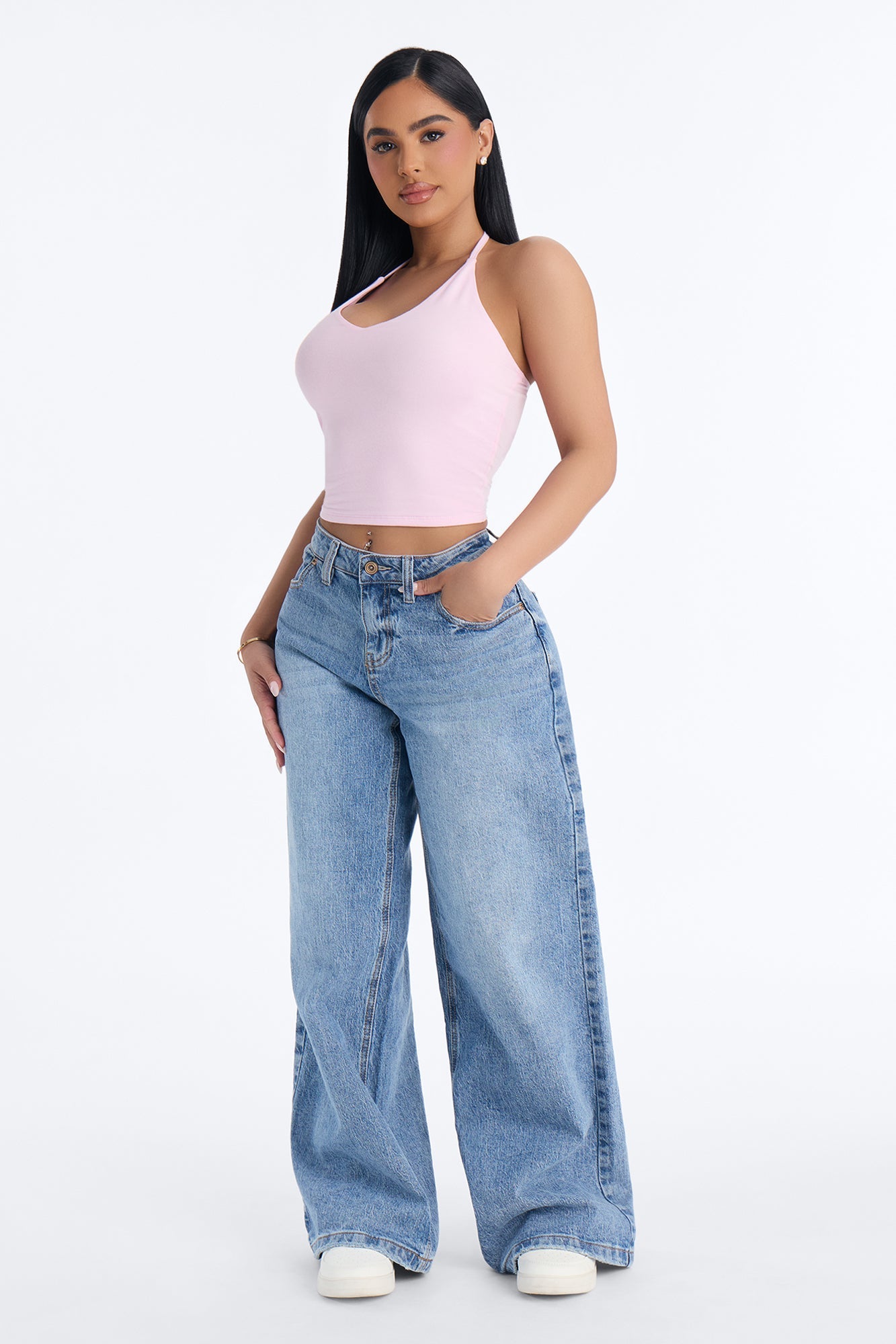 Elise Basic V Neck Halter Top - Light Pink