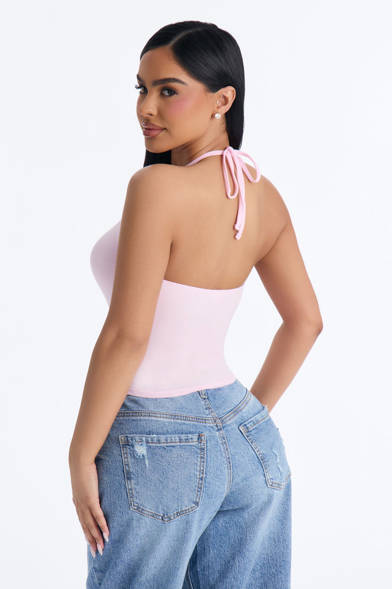 Elise Basic V Neck Halter Top - Light Pink