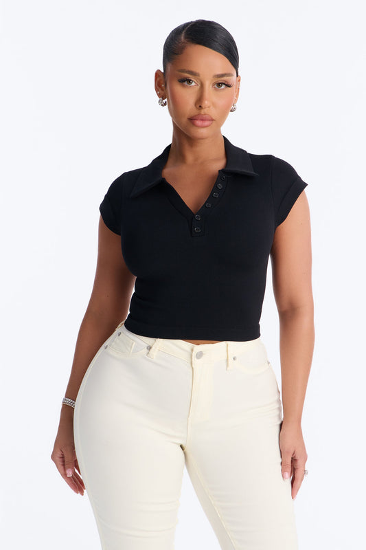 Camila Cap Sleeve Basic Polo Top - Black