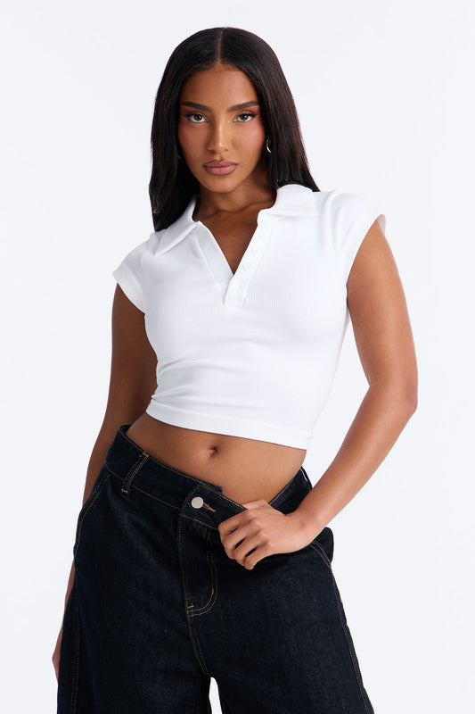 Camila Cap Sleeve Basic Polo Top - White