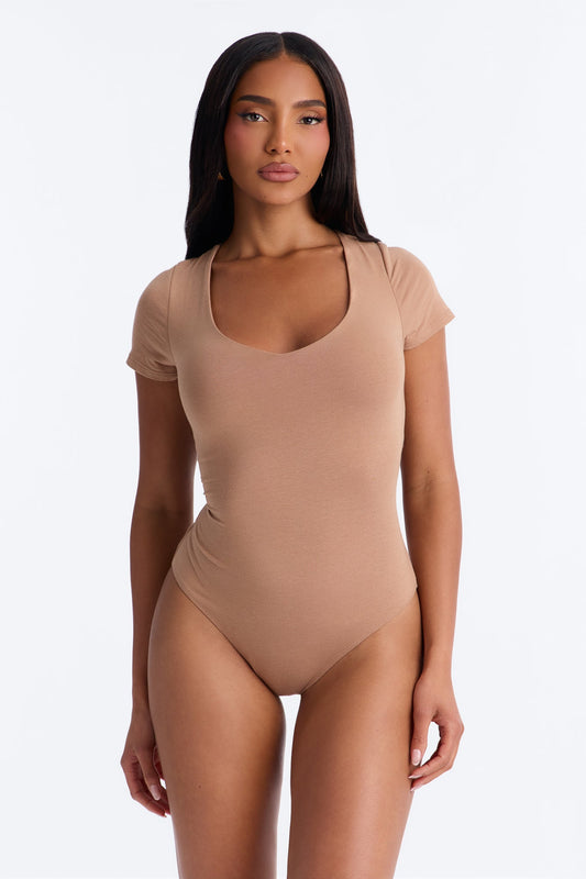Marion Double Lined V Neck Bodysuit - Mocha