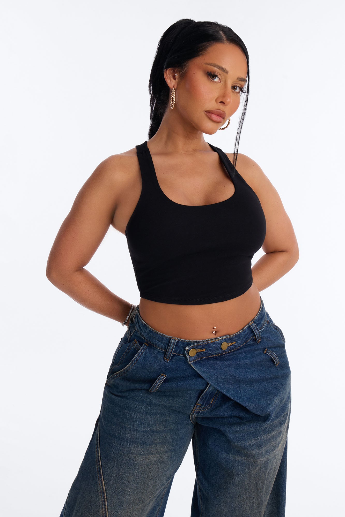 Evalyn Double Lined Cropped Racerback Tank Top - Black