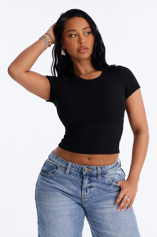 Cotton Rib Crew Neck Baby Tee - Black