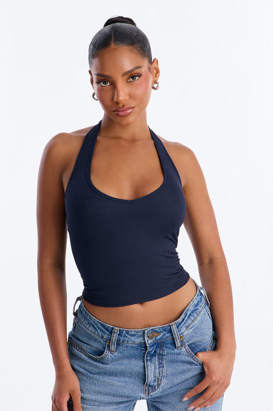 Holly Built In Bra Cup Halter Top - Navy