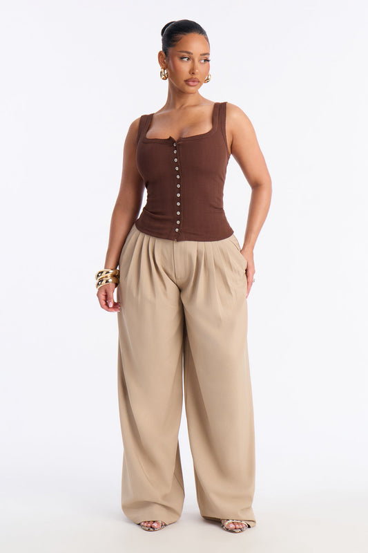 Pointelle Button Front Scoop Neck Tank Top - Chocolate
