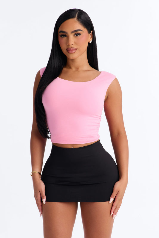 Boat Neck Baby Tee With Side Ruching - Pink