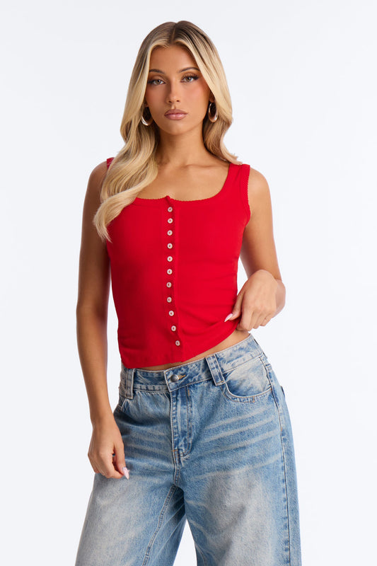 Pointelle Button Front Scoop Neck Tank Top - Red