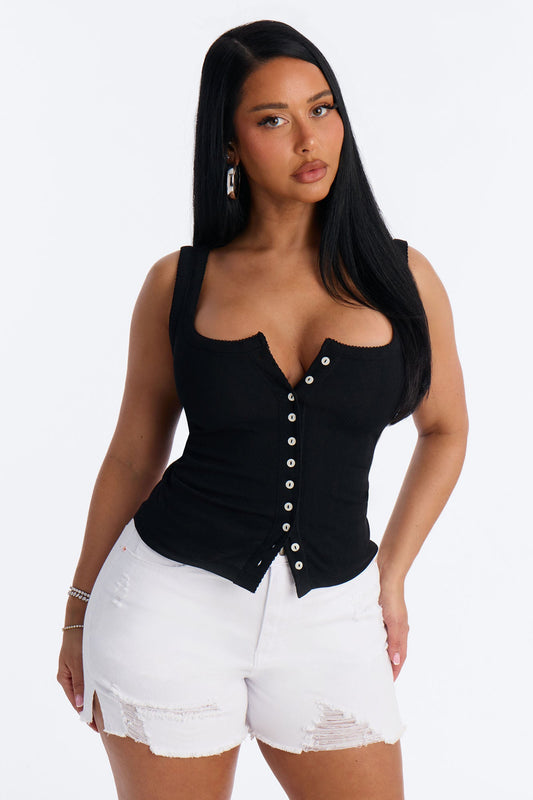 Pointelle Button Front Scoop Neck Tank Top - Black