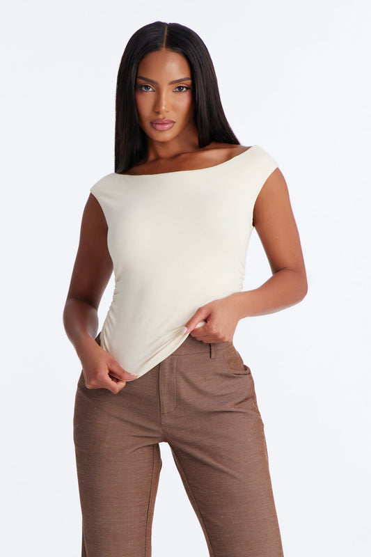 Boat Neck Baby Tee With Side Ruching - Ivory